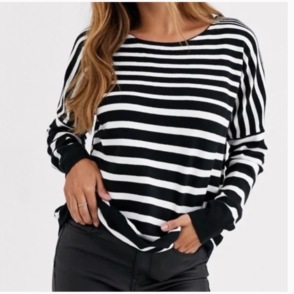 French Connection Black and White Stripe Boatneck Sweater